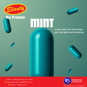 Advertisement for Slanty Mint candy by Iringa Foods & Logistics Ltd. Features shiny, capsule-shaped mint-green candies on a mint-colored background, with text describing them as fresh, cool mint that keeps your day light and refreshing. Includes the slogan 'Utamu wakufurahisa kila mtu,' contact email, and website details at the bottom. | Tangazo la peremende za Slanty Mint kutoka Iringa Foods & Logistics Ltd. Linaonyesha peremende za rangi ya minti zenye umbo la kapsuli kwenye mandhari ya rangi ya minti, zikitajwa kuwa na ladha safi na baridi inayofanya siku yako kuwa nyepesi na yenye kuburudisha. Limejumuisha kauli mbiu 'Utamu wakufurahisa kila mtu,' barua pepe ya mawasiliano, na maelezo ya tovuti chini.