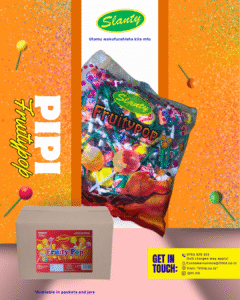 Slanty fruity pop delicious flavored sweets and candies from IFL Ltd, Tanzania. High-quality confectionery with fruity, refreshing, and fun taste. Perfect for everyone who loves sweet treats. Slanty pipi tamu zenye ladha mbalimbali, zinazotengenezwa na IFL Ltd Tanzania, zenye ubora wa hali ya juu na ladha tamu kwa kila mtu.