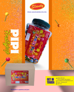 Slanty Fruity pop - delicious flavored sweets and candies from IFL Ltd, Tanzania. High-quality confectionery with fruity, refreshing, and fun taste. Perfect for everyone who loves sweet treats. Slanty pipi tamu zenye ladha mbalimbali, zinazotengenezwa na IFL Ltd Tanzania, zenye ubora wa hali ya juu na ladha tamu kwa kila mtu.