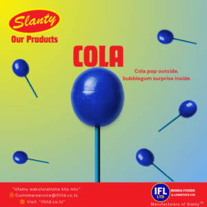 Advertisement for Slanty Biggi Blue Cola Lollipops by Iringa Foods & Logistics Ltd. Features dark cola-brown lollipops with a bubblegum center on a cola-themed background, with text describing them as Cola pop outside, bubblegum surprise inside. Includes the slogan 'Utamu wakufurahisa kila mtu,' contact email, and website details at the bottom.| Tangazo la peremende za Slanty Biggi Blue Cola Lollipop kutoka Iringa Foods & Logistics Ltd. Linaonyesha lollipop za rangi ya kahawia ya kola zenye sehemu ya ndani ya bubblegum kwenye mandhari ya mada ya kola, zikitajwa kuwa na ladha ya kola nje na mshangao wa bubblegum ndani. Limejumuisha kauli mbiu 'Utamu wakufurahisa kila mtu,' barua pepe ya mawasiliano, na maelezo ya tovuti chini.