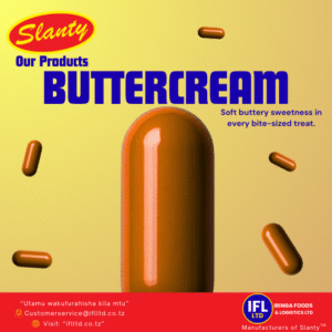 Advertisement for Slanty Buttercream candy by Iringa Foods & Logistics Ltd. Features shiny, capsule-shaped brown candies on a yellow background, with text describing them as soft buttery sweetness in bite-sized treats. Includes contact email and website details at the bottom. | Tangazo la peremende za Slanty Buttercream kutoka Iringa Foods & Logistics Ltd. Linaonyesha peremende za kahawia zenye umbo la kapsuli kwenye mandhari ya njano, zikitajwa kuwa na ladha laini ya siagi kwenye vipande vidogo. Maelezo ya barua pepe na tovuti yapo chini.