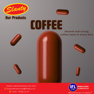 Advertisement for Slanty Coffee candy by Iringa Foods & Logistics Ltd. Features shiny, capsule-shaped coffee-brown candies on a coffee-colored background, with text describing them as smooth and strong coffee taste in every bite. Includes the slogan 'Utamu wakufurahisa kila mtu,' contact email, and website details at the bottom. | Tangazo la peremende za Slanty Coffee kutoka Iringa Foods & Logistics Ltd. Linaonyesha peremende za rangi ya kahawa zenye umbo la kapsuli kwenye mandhari ya rangi ya kahawa, zikitajwa kuwa na ladha laini na kali ya kahawa katika kila kipande. Limejumuisha kauli mbiu 'Utamu wakufurahisa kila mtu,' barua pepe ya mawasiliano, na maelezo ya tovuti chini.