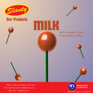 Advertisement for Slanty Milk candy by Iringa Foods & Logistics Ltd. Features shiny, capsule-shaped creamy-white candies on a soft milk-colored background, with text describing them as soft, smooth, and irresistibly milky. Includes the slogan 'Utamu wakufurahisa kila mtu,' contact email, and website details at the bottom. | Tangazo la peremende za Slanty Milk kutoka Iringa Foods & Logistics Ltd. Linaonyesha peremende za rangi ya maziwa zenye umbo la kapsuli kwenye mandhari ya rangi ya maziwa, zikitajwa kuwa laini, tulivu na zenye ladha ya maziwa isiyoweza kupingwa. Limejumuisha kauli mbiu 'Utamu wakufurahisa kila mtu,' barua pepe ya mawasiliano, na maelezo ya tovuti chini