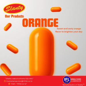 Advertisement for Slanty Orange candy by Iringa Foods & Logistics Ltd. Features shiny, capsule-shaped orange candies on an orange background, with text describing them as a sweet and zesty orange flavor to brighten your day. Includes contact email and website details at the bottom. | Tangazo la peremende za Slanty Orange kutoka Iringa Foods & Logistics Ltd. Linaonyesha peremende za rangi ya chungwa zenye umbo la kapsuli kwenye mandhari ya rangi ya chungwa, zikitajwa kuwa na ladha tamu na yenye ukali wa chungwa inayokufurahisha siku yako. Maelezo ya barua pepe na tovuti yapo chini.